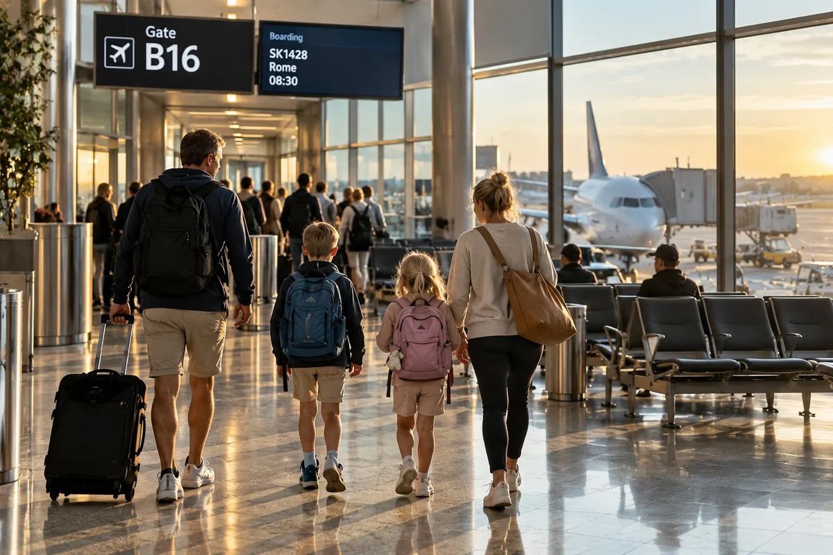 Familie med ryggsekker på vei mot gaten på flyplassen i morgenlys