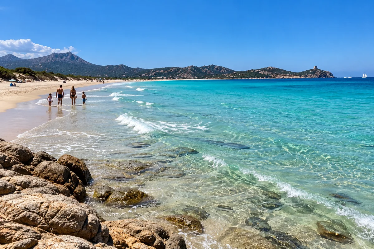 Familie som går i vannkanten på en lang sandstrand med turkisblått vann