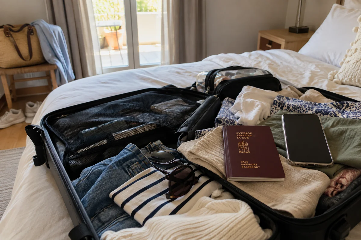 Pakket koffert som ligger åpen på en seng, med pass og mobil oppå