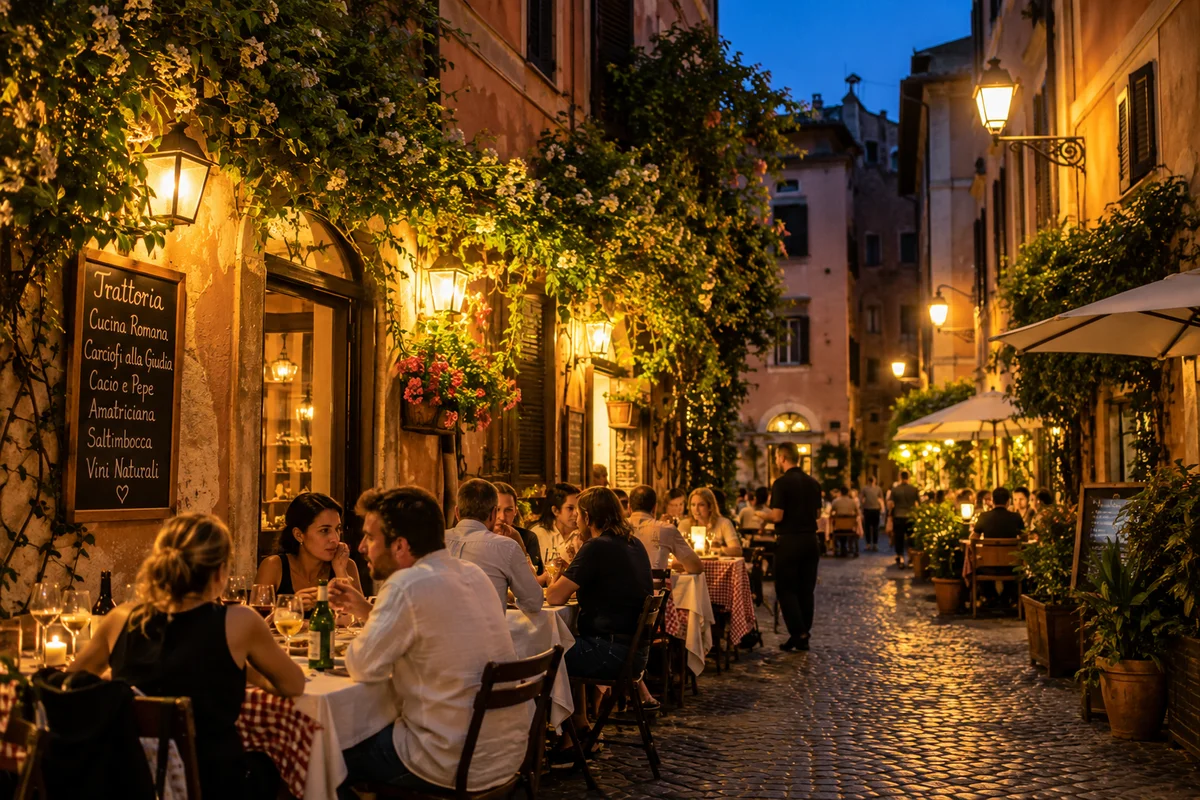 Uteservering i et smug i Trastevere om kvelden, med lykter og dekkede bord